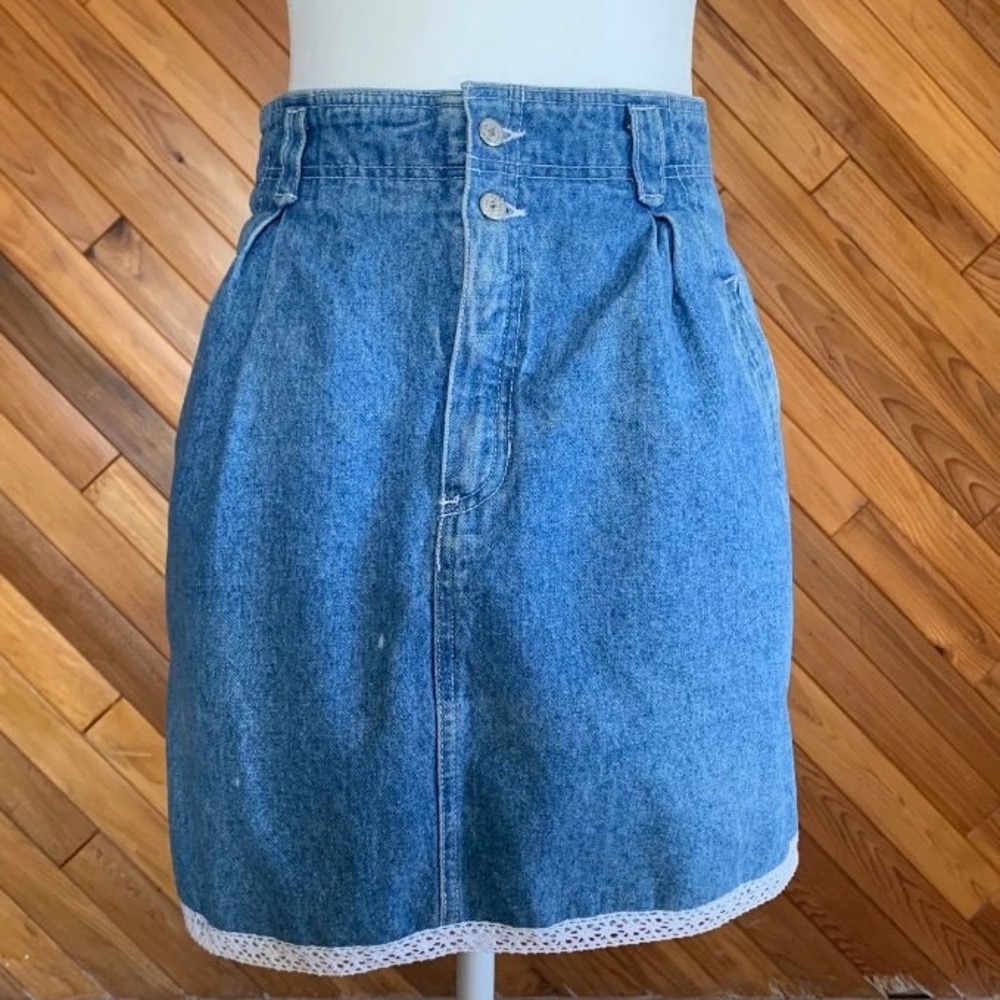 Vintage 90s Denim Mini Skirt with Lace Trim
